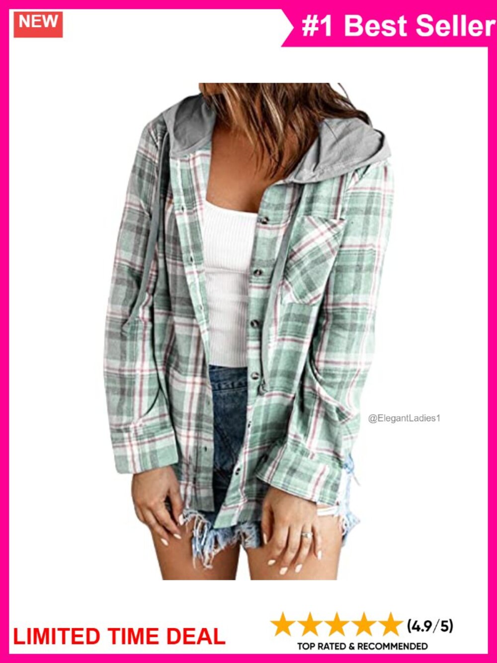 Womens Plaid Button Down Hooded Shacket Long Sleeve Casual Jacket